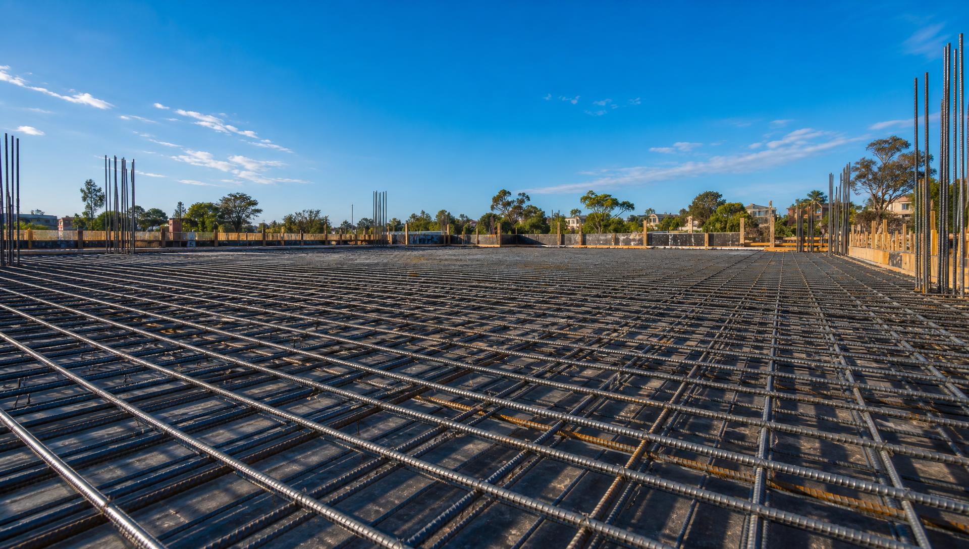Reinforcing steel mat tied on a concrete slab at a jobsite